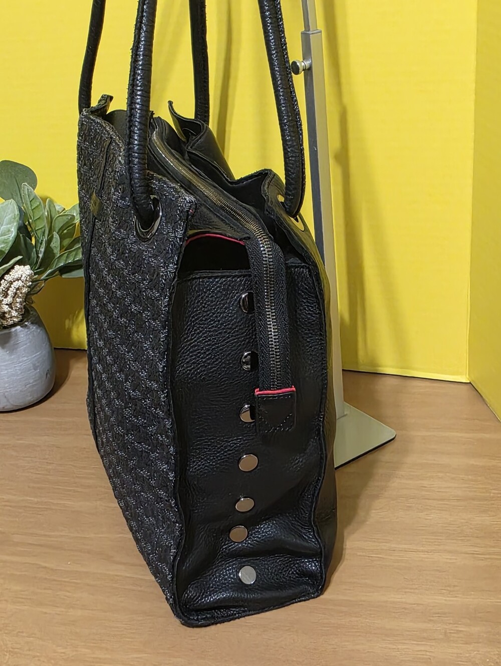 Hammitt Benjamin Leather Woven Large Shoulder Tote Bag Purse Top Zip Black - Picture 7 of 12